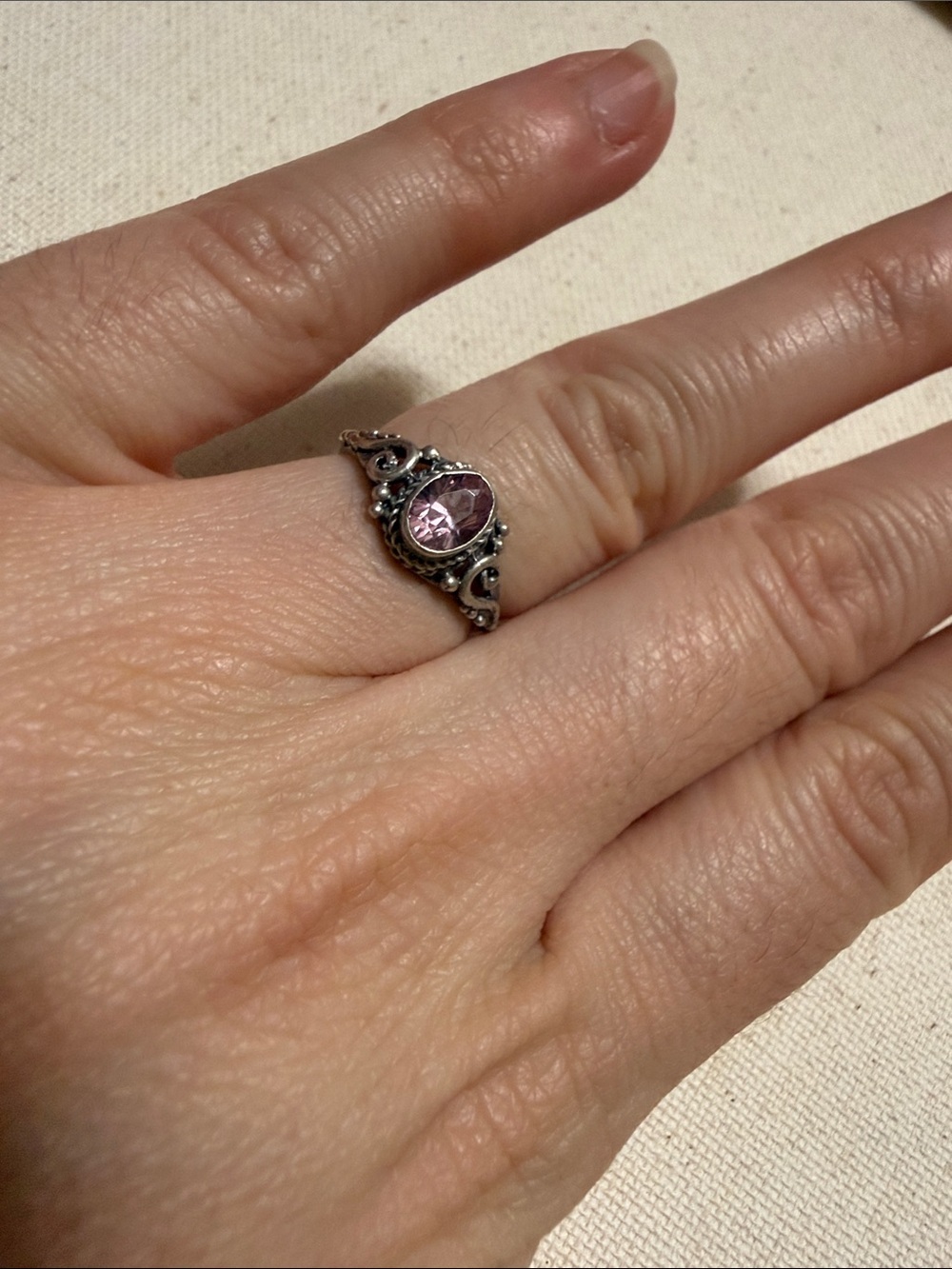 Sterling Silver 925 Filigree Ring with Pink Gemstone Crystal size 4.75 - Picture 10 of 12